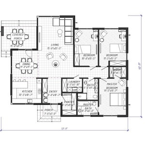 Modern House Plans with 3 bedroom, 1700 sq ft Cottage floor plan 3 bedroom, 55x45 home plans, PDF blueprint plans, Custom house drawing image 5