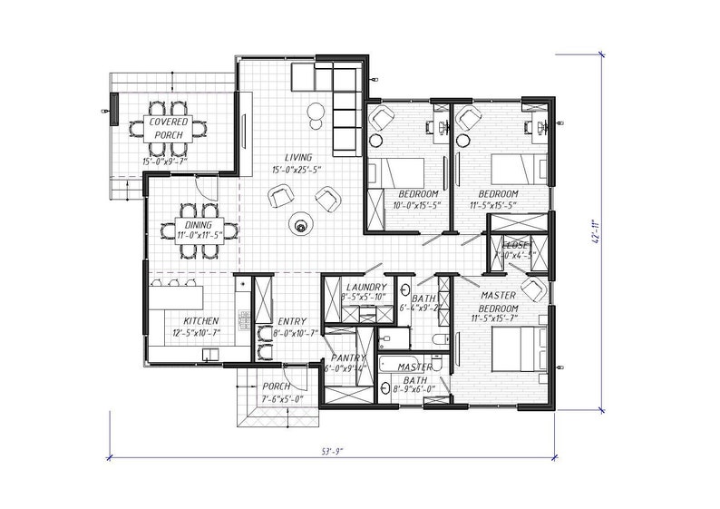 Modern House Plans with 3 bedroom, 1700 sq ft Cottage floor plan 3 bedroom, 55x45 home plans, PDF blueprint plans, Custom house drawing image 5