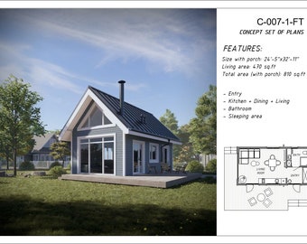 ADU Plans 500 sq foot house plan Small Cabin plans 20 x 40 Tiny home for sale Tiny house kit PDF blueprint plans Custom house drawing