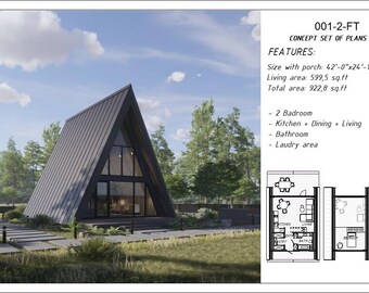 Beach A frame House Plans 2 bedroom Small home plans, Tiny Cabin Floor Plans 600 sq ft ADU plans PDF blueprint plans, Custom house drawing