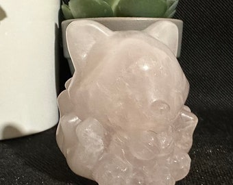 Rose Quartz Nine Tailed Fox Carving, Love, Self-Love, Heart Chakra Stone REDUCED TO CLEAR