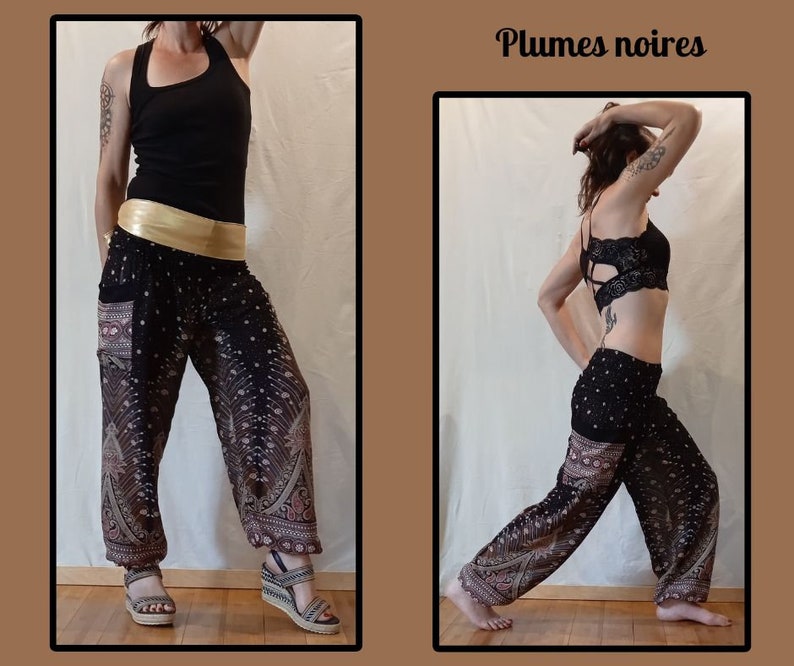 Pantalon Aladin Femme Pantalon de yoga avec poches Plumes noires