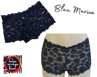 May include: Two pairs of black lace underwear. The top pair is folded and the bottom pair is on a mannequin. The text "Bleu Marine" is written in cursive on a white background.