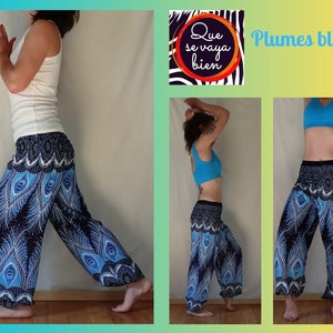 Pantalon Aladin Femme Pantalon de yoga Mandala Plumes bleues