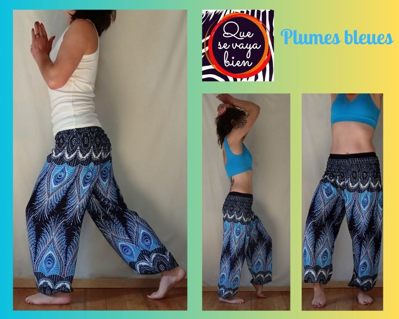 Pantalon Aladin Femme Pantalon de yoga Mandala Plumes bleues