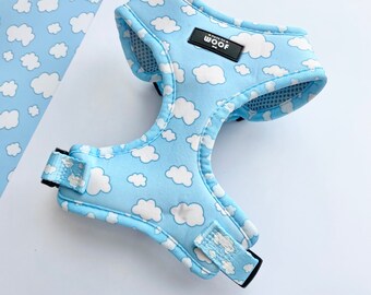 Dog Harness | Cloud Design Adjustable Step In Dog Harness Set | Girls & Boys Designs | Blue and White Up In The Clouds UK Puppy Accessories