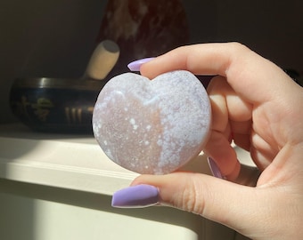 Amatista rosa con corazón de ágata de flores, talla de cristal de corazón de ágata de flores de amatista