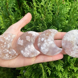 Flower Agate moon , Pink Flower agate crystal moon carving