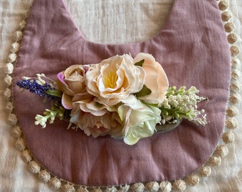 Beautiful purple bib, handmade floral headband (choose from different colors) and bow