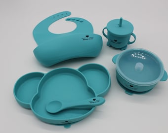 Silicone Baby Led Weaning Set: Suction Bowl, Bib, Spoon, Sippy Cup, Mouse Plate