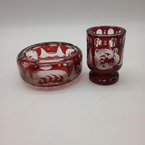 Bohemian, Red cut to clear, Art Glass Ashtray and Match Stick Holder.