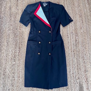 Vintage 80s business style black dress with red and white detail