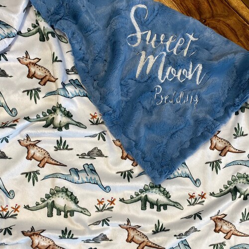 Personalized Baby Boy Minky Blanket Dinosaur Gray Blue Etsy