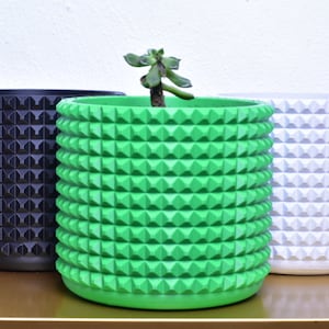 Könnte beinhalten: Drei dekorative Pflanzgefäße in Schwarz, Grün und Weiß, jeweils mit einem strukturierten, genieteten Design. Der grüne Pflanztopf enthält eine kleine Sukkulente. Die Pflanzgefäße sind zylindrisch und stehen auf einer goldfarbenen Oberfläche.