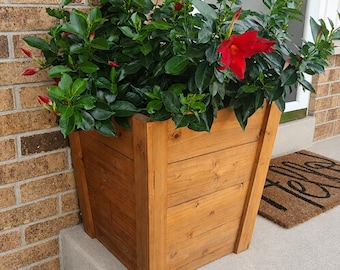 May include: A square wooden planter box with a natural brown finish, constructed from horizontal planks and vertical corner posts, containing a lush green plant with vibrant red trumpet-shaped flowers and several unopened red buds.