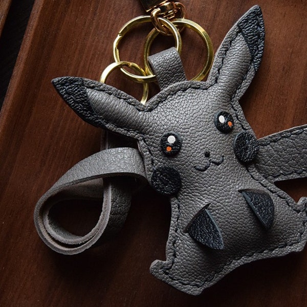 Leather Black Pikachu Charm, Leather Bag Charm, Leather Handbag and Purse Charm, Cute Pikachu Keychain, Leather Gift, Bag Charm for Handbag