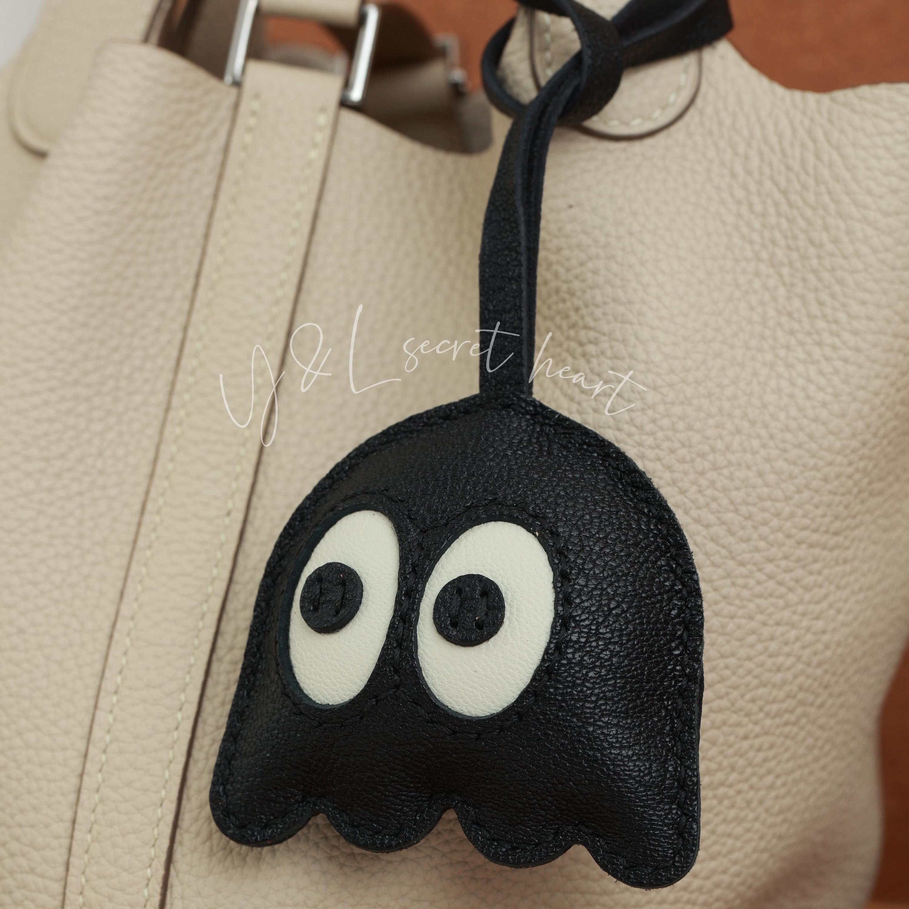 Leather Pac-man Bag Charm, Handmade Ghost Charm, Cute Ghost Leather Pac-man Bag Charm, Handmade Ghost Charm, Cute Ghost