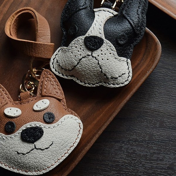 Charm de sac en cuir fait main, breloque de sac à main et de sac à main en cuir, joli porte-clés Shiba Inu/bouledogue français, cadeau en cuir, breloque de sac pour sac à main