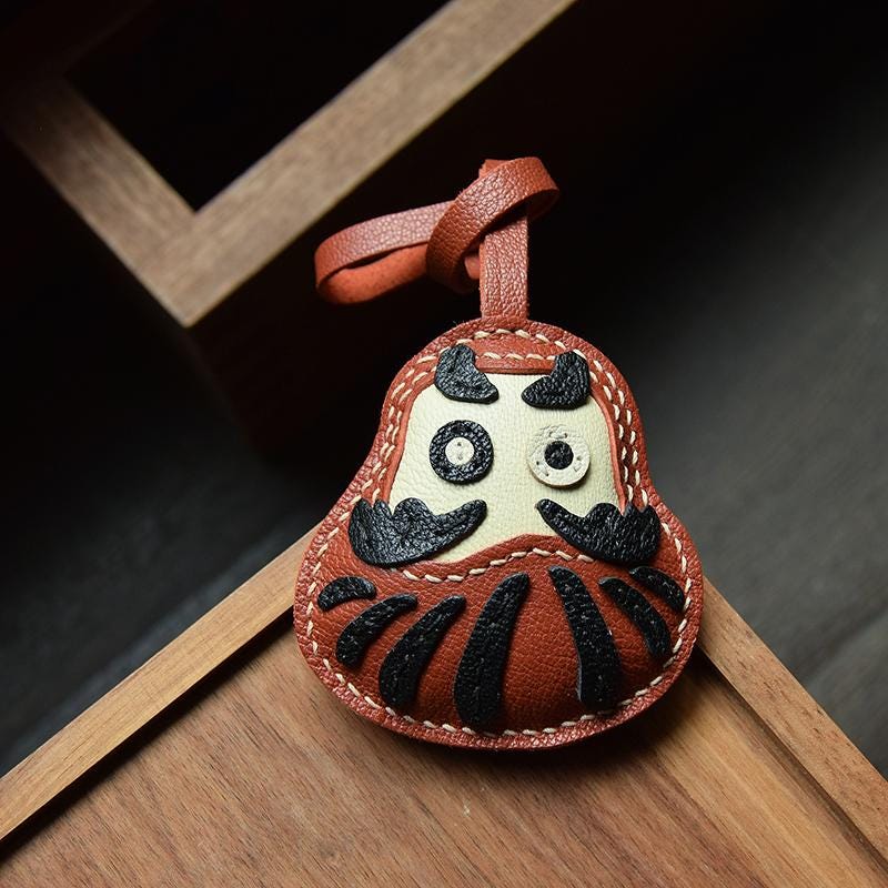 Leather Daruma Charm, Handmade Leather Bag Charm, Leather Handbag and Purse Charm, Cute Daruma Doll Keychain, Handmade Leather Gift
