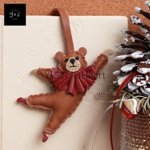 Leather Ballet Bear Charm, Handmade Leather Bag Charm, Leather Handbag and Purse Charm, Cute Ballet Bear Keychain, Handmade Leather Gift