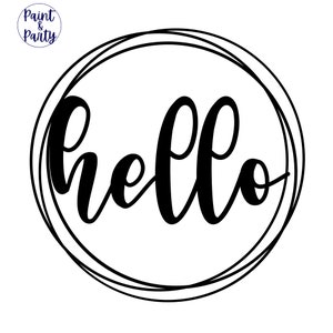 Op de afbeelding: Zwart-witte illustratie van het woord "hallo" in een cursief lettertype binnen een dubbele cirkel.