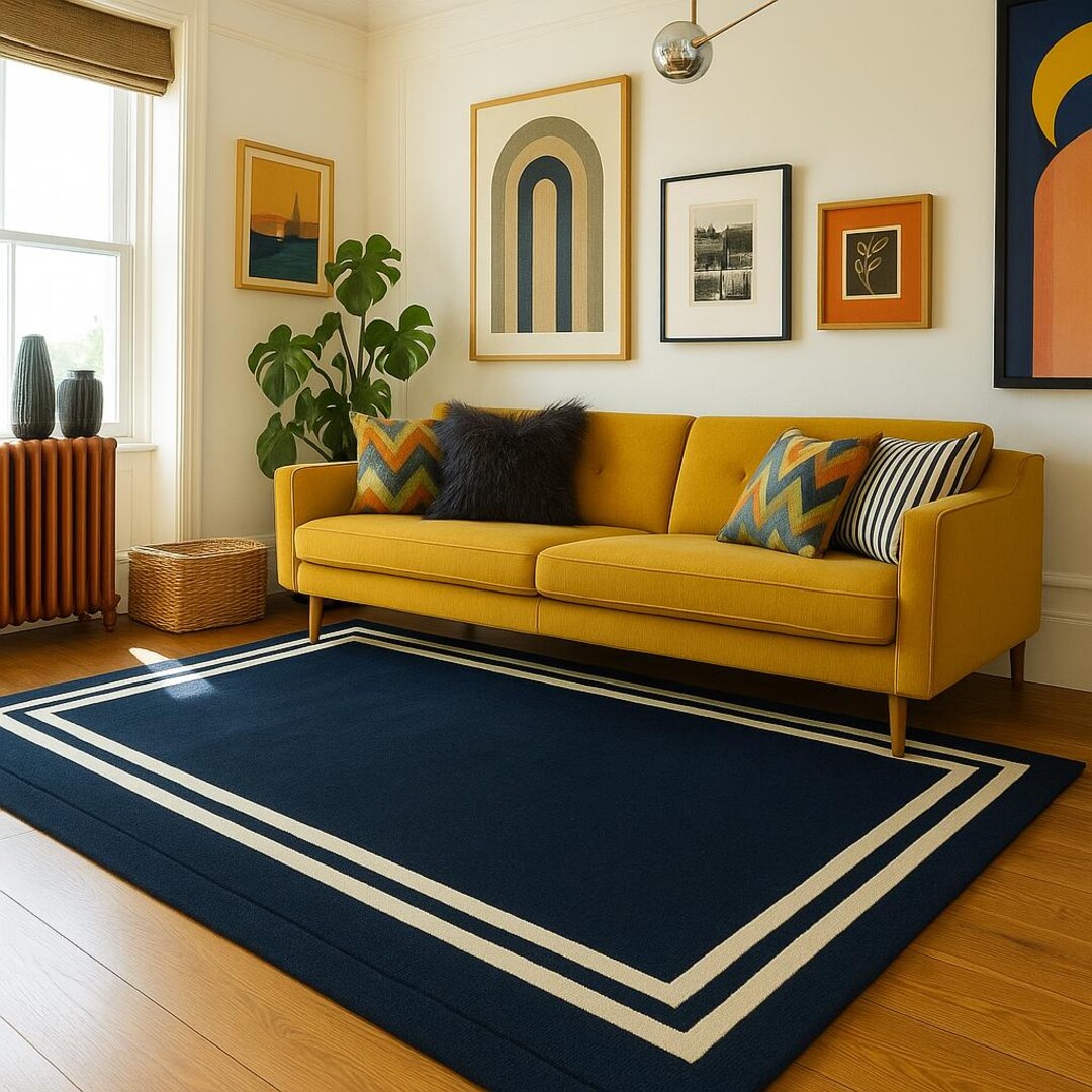 Navy Blue and Cream Wool Rug – Handmade Modern Abstract Tufted Carpet ...