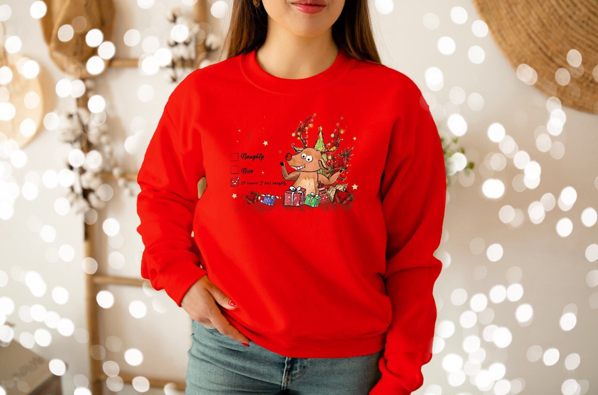 RainbowElephantStore Naughty Funny Christmas Reindeer Sweatshirt, Christmas Family Sweatshirts, Holiday Sweaters, Funny Winter Crewneck, Christmas Sweaters
