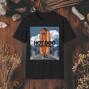 Urban Hot Dog Swagger T-Shirt: Streetwear Cartoon Mascot Shirt - Cityscape Fast Food Tee