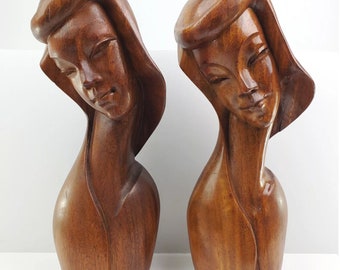 Mid Century Modern Madonna Wood Statues Lady Bust Pair Vintage Hand Carved 15"