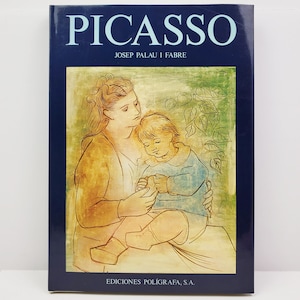 May include: A book titled "PICASSO" by Josep Palau i Fabre. The cover features a painting of a mother and child in muted tones of blue, beige, and green. The book is published by Ediciones Polígrafa, S.A. The title is in large, bold, white letters.