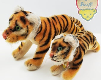 Steiff Bengal Tigers Pair 1950s/60s Stuffed Vintage 12" & 8.5" Prowling