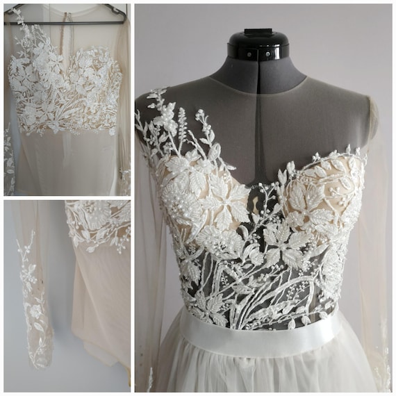 Bridal Top Ivory Lace Beaded Long Sleeves Backless Bridal Bodysuit