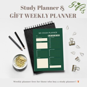 May include: A green and white printable study planner with the title "My Study Planner" and sections for "Today's Motivation", "Today's Priorities", "Today's Goal", "Homework", "Lesson Timetable", "Lessons I Studied", "Test and Exam", and "Notes".