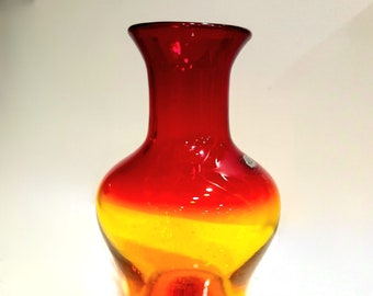 Blenko Art Glass Red-Yellow Vase Label & Signed Richard Blenko 2001