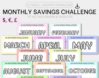 Printable A6 Savings Challenge Bundle | Monthly Savings Cash Envelope Inserts, A6 Savings Tracker,  A6 Budget Binder, A6 Cash Binder