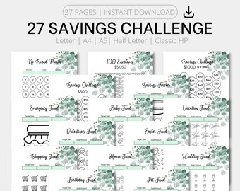 Printable Savings Challenge Bundle | Money Savings Tracker Binder 100 Envelopes Challenge 5K 10K 20K  Savings Challenge No Spend Jar Binder