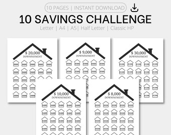May include: A printable savings challenge tracker with five different house-shaped charts. Each chart has a different down payment amount: $20,000, $9,000, $30,000, $10,000, and $8,000. The charts are designed to help people track their savings progress towards a down payment on a house.
