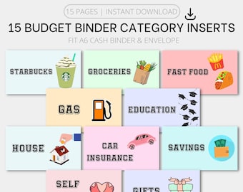 A6 Budget Binder Category Inserts | A6 Cash Binder, A6 Cash Envelopes, Printable A6 Budget Binder Inserts | Instant Download PDF