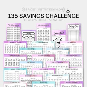 May include: A printable 135-page savings challenge with a marble background. The pages are organized into different categories, such as birthday fund, drinks fund, and clothes fund. Each category has a goal and a tracker for saving money.