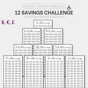 May include: Twelve printable pages for a savings challenge. Each page features a different denomination of US dollar bills, from $1 to $60, with the amount repeated multiple times on the page. The pages are designed to fit an A6 cash binder or envelope.