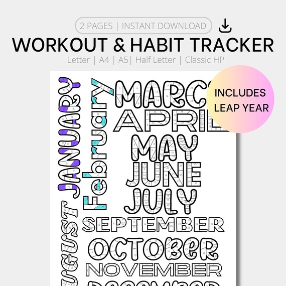2026  Workout Tracker, Printable Workout & Habit Tracker, Daily Exercise, Daily Fitness Planner, Coloring 2026 Calendar, Leap Year