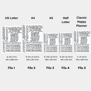 May include: Five printable calendar templates for different paper sizes: US Letter, A4, A5, Half Letter, and Classic Happy Planner. Each template features the months of the year in a repeating pattern, with the text "AUGUST JANUARY FEBRUARY MARCH APRIL MAY JUNE JULY SEPTEMBER OCTOBER NOVEMBER DECEMBER".