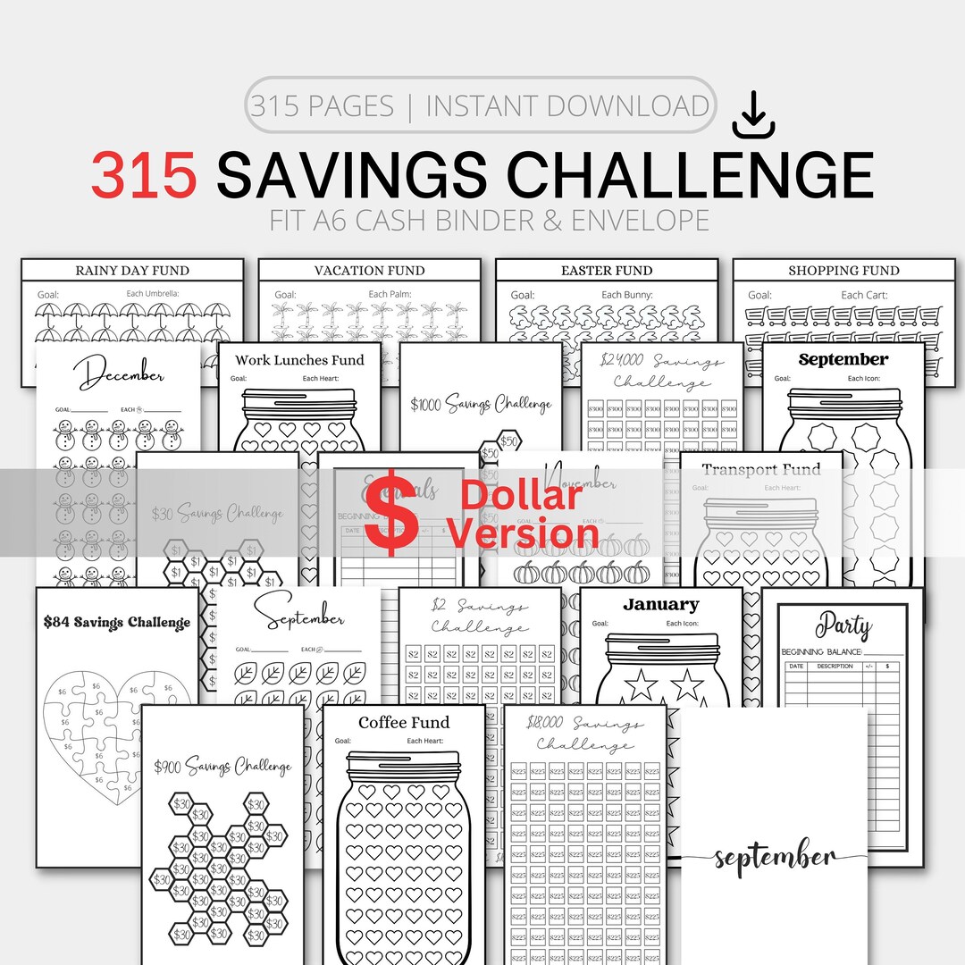 315 Printable A6 Savings Challenge Bundle | Cash Envelope Inserts, A6 ...
