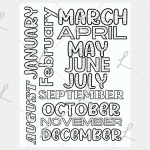May include: Black and white printable calendar featuring the months of the year, January through December, with each month's name in a large, bold font. Each month is divided into numbered squares, creating a grid for marking dates.