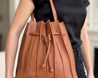Italian Leather Bucket Bag, Pleated Hobo Tote, Designer Shoulder Bag