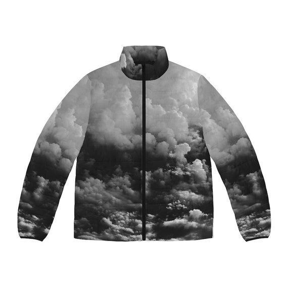 Cloud Print Puffer Jacket Unisex Black White Streetwear