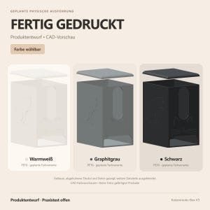 Könnte beinhalten: Eine CAD-Darstellung einer quadratischen Box mit Katzenmotiv, inklusive abnehmbarem Deckel und Frontöffnung. Das Design wird in drei Farbvarianten gezeigt: Warmweiß, Graphitgrau und Schwarz, beschriftet mit Text inklusive PETG-Material.