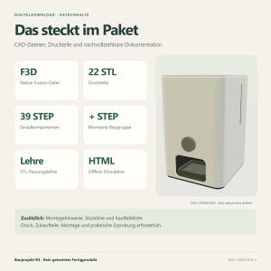 Könnte beinhalten: Ein digitales Infoblatt mit dem Titel Das steckt im Paket, das CAD-Dateien wie F3D, 22 STL, 39 STEP, plus STEP, Lehre und HTML auflistet. Es zeigt eine 3D-Darstellung eines hellgrauen, rechteckigen Spenders mit einem runden Knopf und einer Ablage.