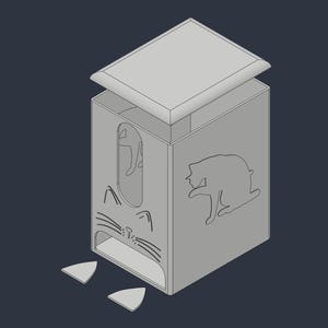 May include: A light grey rectangular box with a removable lid, featuring a cat-themed cutout design on the front panel with whiskers and ears, and a silhouette of a sitting cat on the side panel, accompanied by two small detached triangular pieces.