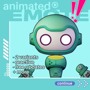 May include: Animated green robot character with large eyes and a yellow chest plate. The robot is holding a microphone. The text "animated" and "EMOTE" are visible in the background. The text "2 variants", "reactive", "free updates", and "more" are listed below the robot.